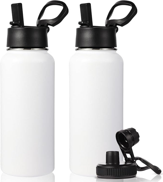 Neihepal 32 oz Insulated Water Bottles with 2 Lids (Straw & Spout Lid), 18/8 Stainless Steel Double Wall Water Bottle for Gym, Travel, Camping, Sports (White,2 Pack)