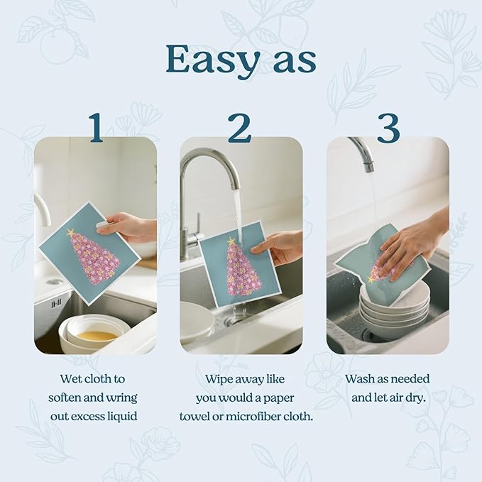 Christmas Swedish Dishcloths for Kitchen, Pink Christmas Xmas Tree Winter Kitchen Dish Towels for Washing Dishes, 4 Pack Reusable Paper Towels, Sponge Cloths for Home Cleaning Baking Cooking
