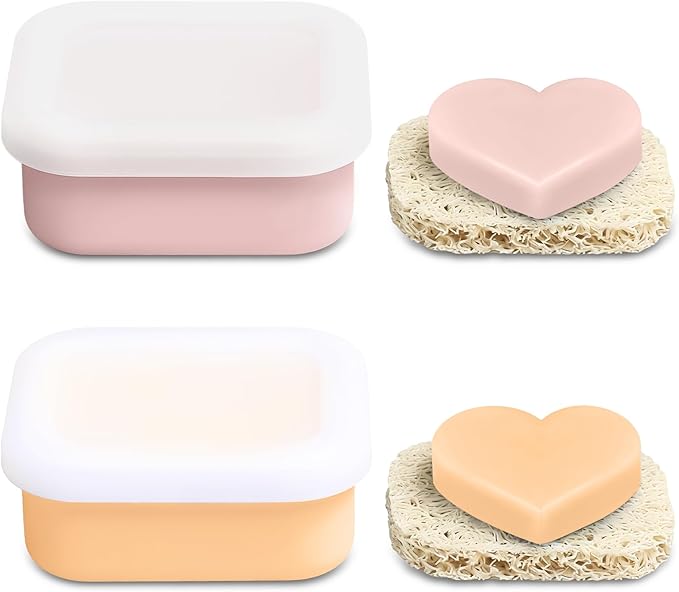 OTHIX 2 Pack Leakproof Silicone Travel Soap Case, Small Bar Soap Holder Container with Drainage Layer & Mini Portable Soap Dish for Shampoo Bars, Bathroom, Gym, Travel, Camping (Pink & Peach)