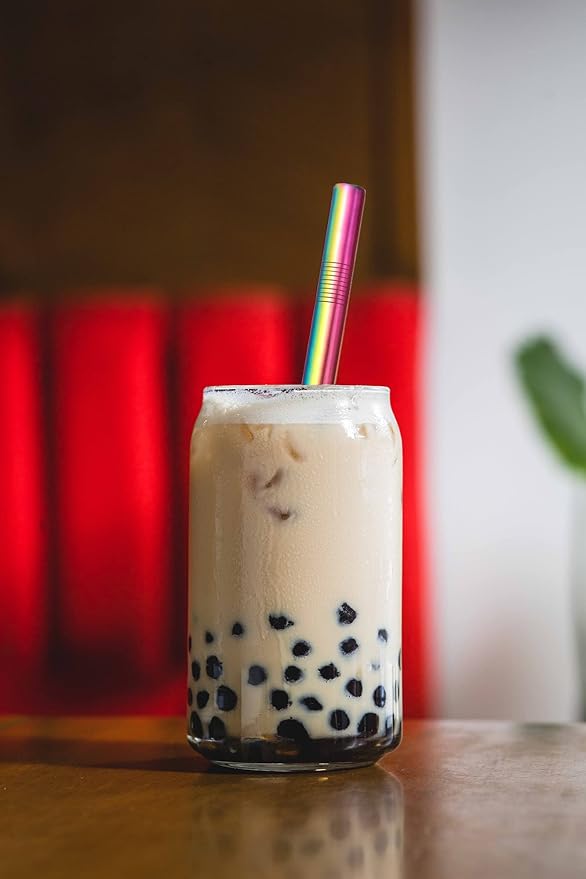 Reusable Boba Straws Smoothie Straws Metal Stainless Steel Straws Angled Tips Fat 0.5" Wide for Jumbo Bubble Tea Milkshakes Milk Tea Tapioca Pearl With Silicone Tips Carry Bag Cleaning Brush 2 Pcs 10"