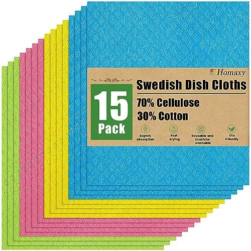 Homaxy Swedish Dishcloths for Kitchen, 15 Pack, Assorted by Homaxy