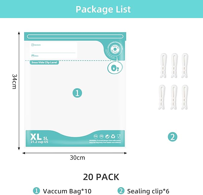 Sous Vide Bags Reusable, Vacuum Food Storage Bags 20 pcs (11.8*13.4in) Comes with 6 Sealing Sliders Thicken PA&PE material Double zipper Long-lasting freshness bag for Cooking, Food Storage XL 20pcs