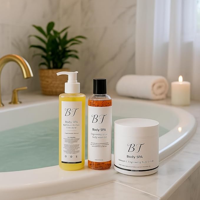 BT Body Spa Vitamin C Body Scrub Set – Brightening Exfoliating Scrub, Peach Body Wash & Turmeric Shower Gel for Smooth, Even-Tone Skin
