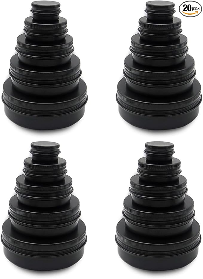 20pack 60ml 2oz Aluminum Tin Jars, 100ml Empty Travel Cosmetic Sample Container, 50 gram Black Metal Tins Can 30ml Storage Travel Jars for DIY Lip Balms, Face Cream, Candle, Tea (mixed size)