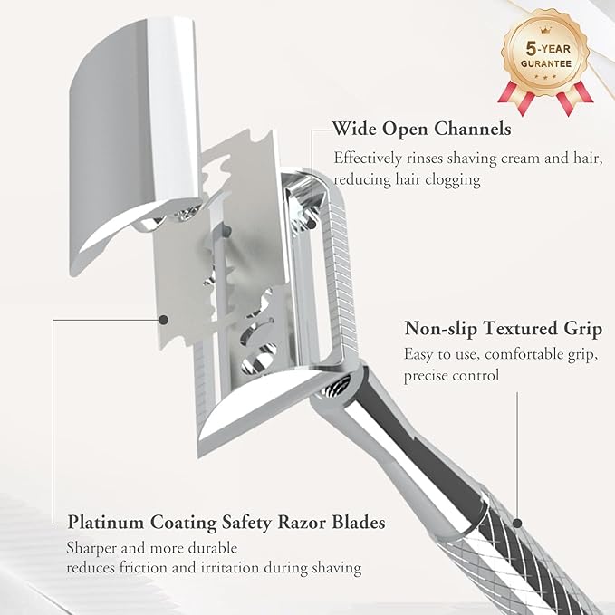 Bright Silver Safety Razor - Single Blade Razors for Men - Reusable Metal Razor, with 5 Stainless Steel Double Edge Blades, Smooth Close Shave, Sustainable, Plastic Free