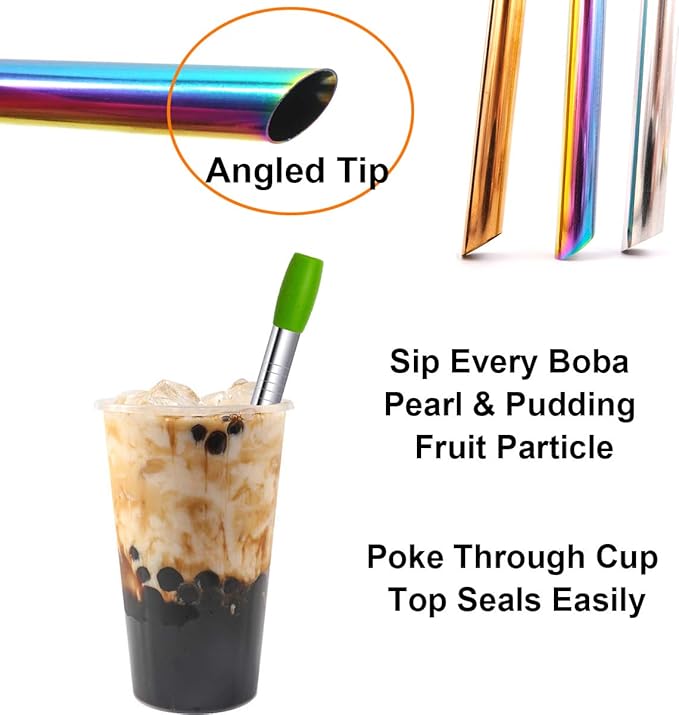 Metal Boba Straws Reusable Smoothies Straws 10" Stainless Steel Straw Angled Tips 0.5" 1/2 In Wide Straw for Jumbo Bubble Tea Milkshakes Milk Tea Tapioca Pearl With Silicone Tips Carry Bag Brush 2 Pcs