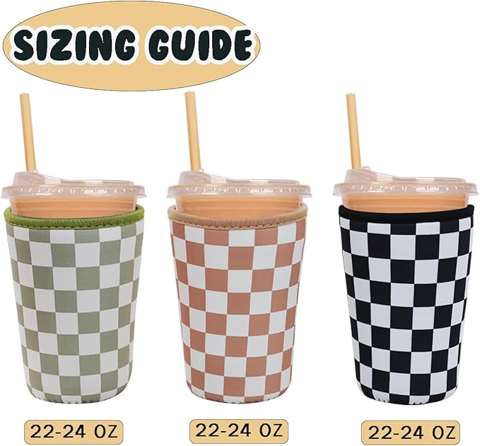 3 Pieces Reusable Insulated Neoprene Iced Coffee Cup Sleeve, Durable Drink Sleeve for Cold Beverages, Beverage Holder for Iced Coffee, 22-24 oz Medium (Checkered Delight)
