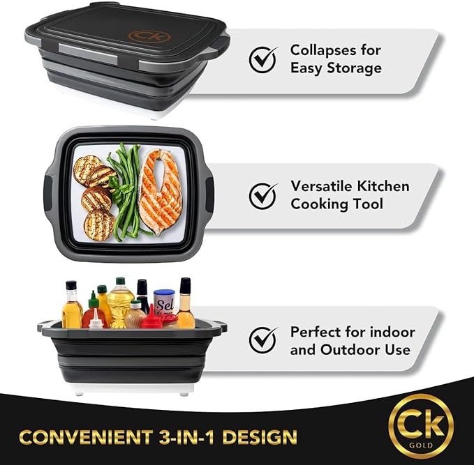 New XL Collapsible BBQ Prep Tub wtih LOCKING Lid, Cutting Board & Drain Hole | BPA-Free, Food-Grade, Recyclable, Space-Saving Caddy for Grilling, Camping, Kitchen & Outdoor Cooking (Black, 30 Liters)