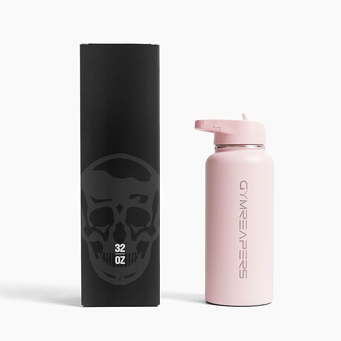 Gymreapers Insulated Water Bottle - Stainless Steel 32 Oz, 3 lids (Straw, Chug, Canteen), Double Walled Vacuum Insulation, Thermo Mug Cold Hot - Durable Powder Coated Finish