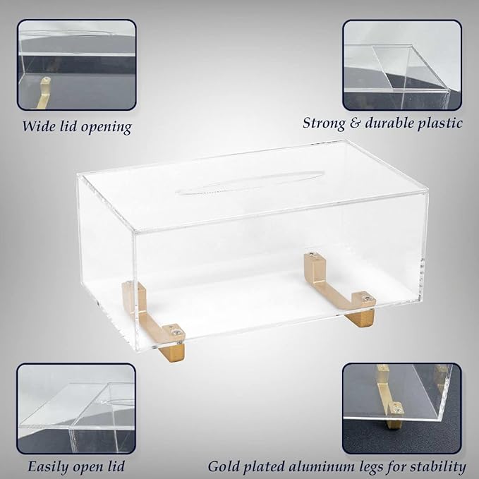 YoBa Thick Acrylic Tissue Box Holder Rectangular Clear Tissue Box Dispenser with Gold Plated Aluminum Legs for Bathroom, Kitchen, Bedroom, Office, Hotels and Restaurant