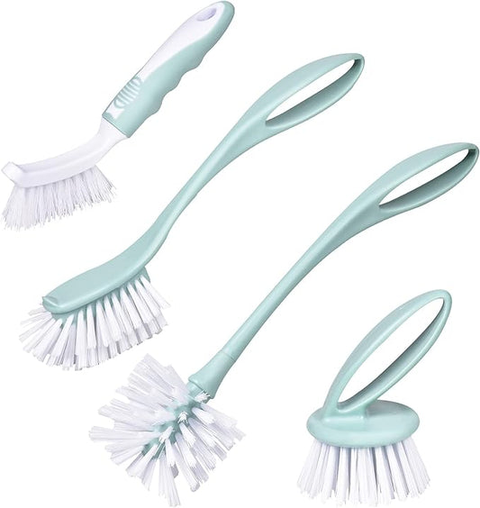 Dish Brush with Handle, Kitchen Dish Scrub Brush Set, 4-Piece Kitchen Cleaning Brush Set for Pots and Bottles, Nordic Green