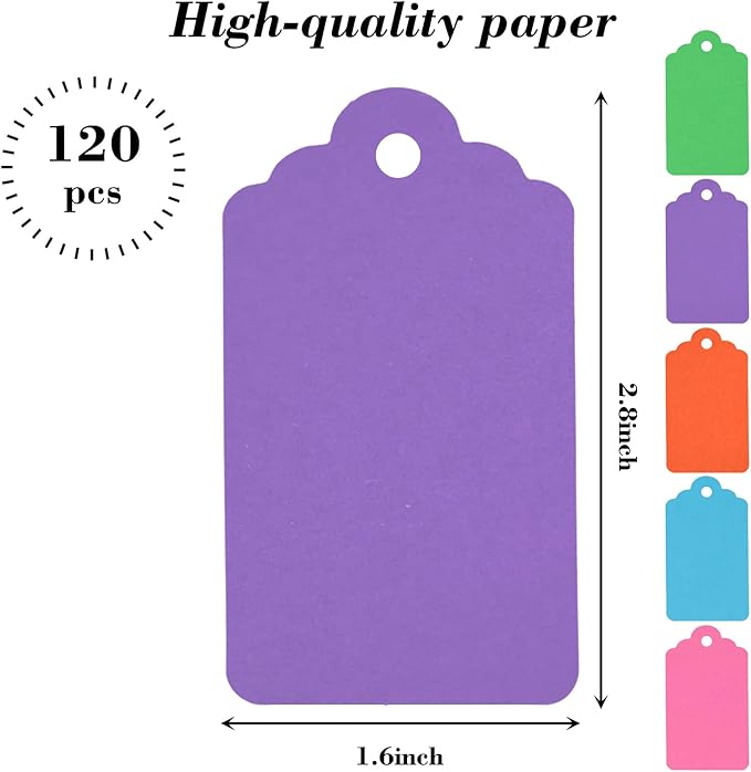 SallyFashion 120PCS Gift Tags with String Attached, 1.6 x 2.8 inch Colored Paper Hang Tags for Clothes DIY Crafts Wedding Holiday