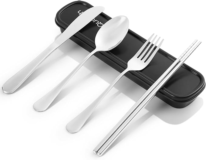 Travel Utensils with Case, Quatish 5 Piece Stainless Steel Silverware Set for Work, Portable Reusable Travel Cutlery Set, Fork and Spoon Set for Picnic, Camping, Gadgets, Lunch Box for Men, Silver