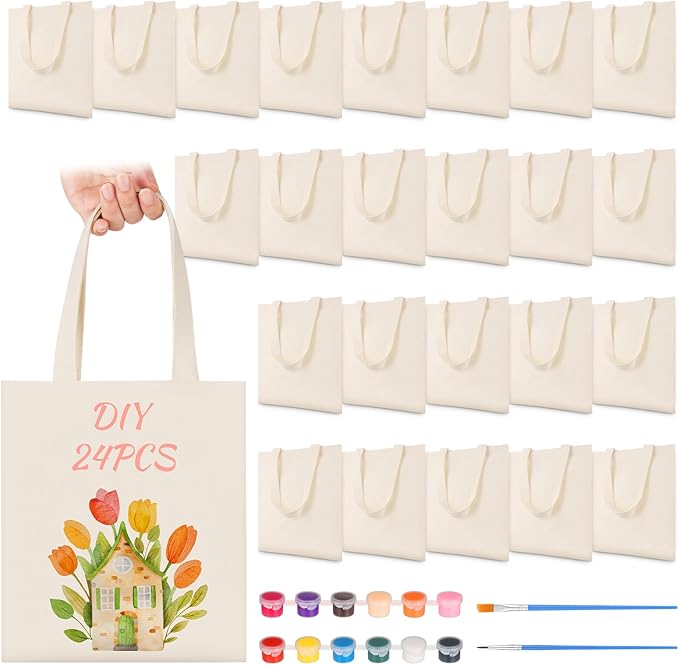 Petallush 24 Pack Canvas Tote Bags Bulk, Reusable Blank Tote Bags with Handles & Acrylic Paint Set, Small Cotton Tote Bag