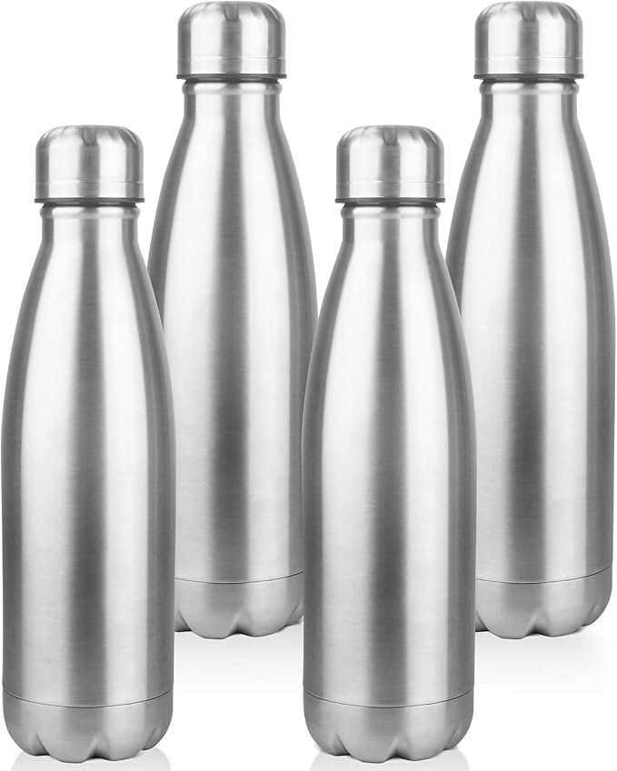 OWS 17oz Insulated Water Bottles Bulk 1/2/4 Pack, Metal Sports Water Bottles, Double Wall Vacuum BPA-Free Flask for School, Sports(silver 4pcs)