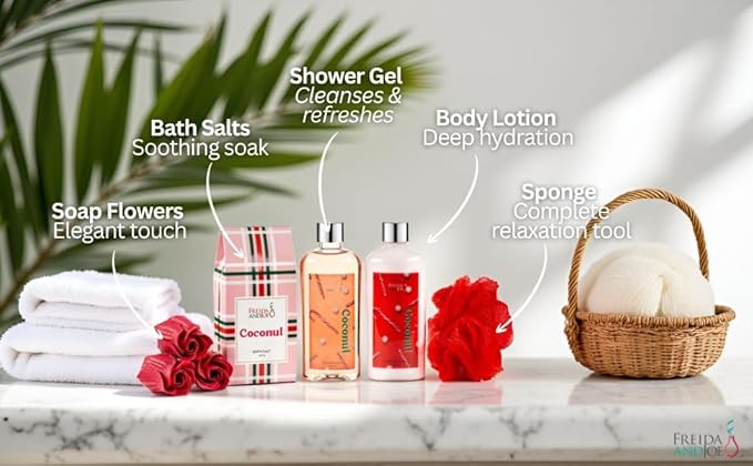 Coconut Spa Gift Basket, 6-Piece Bath & Body Set with Shower Gel, Body Lotion, Bath Salts, Soap Flowers, Bath Sponge in a Wicker Basket (Red & Green Set)