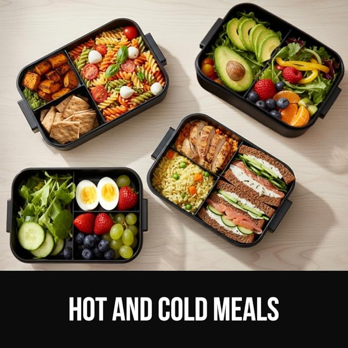 GORILLA GRIP BPA-Free Leakproof 3-Compartment Bento Lunch Box for Adults, Kids, Microwave Safe Hot and Cold Food Containers, Easy to Carry Lid Includes Built-In Utensils Set, Holds 5 Cups, Black