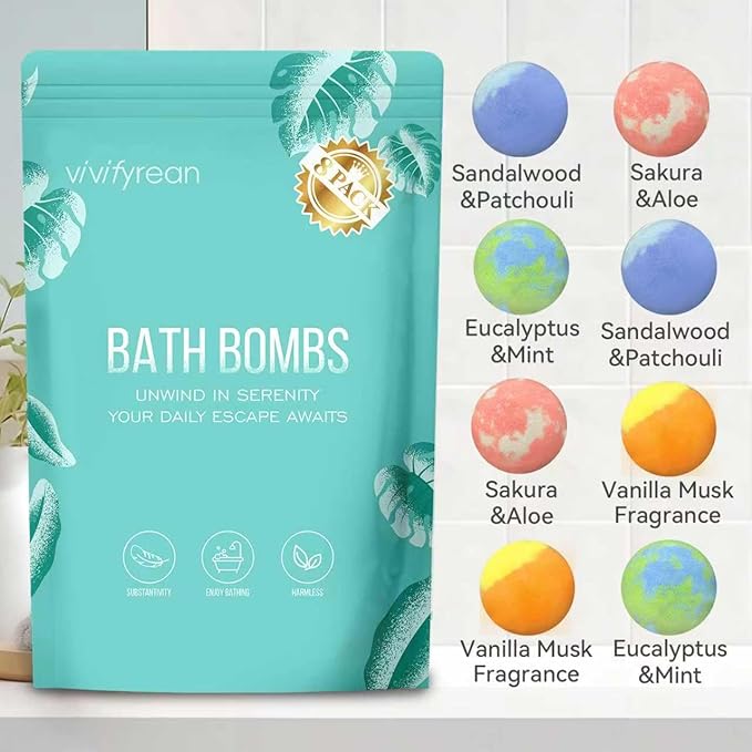 Bath Bombs for Women Gift Set, 8 Organic Bath Bombs Christmas Stocking Stuffers, Birthday Gift for Adults, Women, Relaxation Home SPA Bubble Bath, Self Care for Wife, Mother, Girlfriend