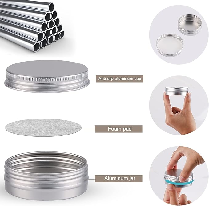 48 Pcs Aluminum Round Cans with Lid, 2 Oz Metal Tins Food Candle Containers with Screw Tops for Crafts, Food Storage, DIY (Silver)