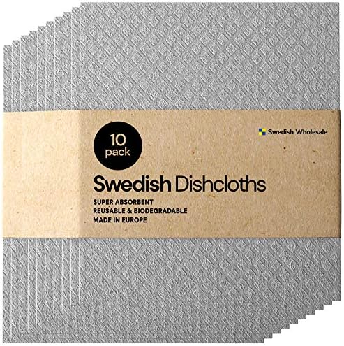Swedish Wholesale Dishcloths Reusable 8" x 7" Sponge Cloths, Bulk 10 Pack of High Absorbent Cellulose Dish & Kitchen Cleaning Hand Towels, Wring to Dry & Machine Wash, Odor Resistant, Grey by SwedishWholesale