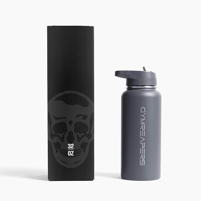 Gymreapers Insulated Water Bottle - Stainless Steel 32 Oz, 3 lids (Straw, Chug, Canteen), Double Walled Vacuum Insulation, Thermo Mug Cold Hot - Durable Powder Coated Finish