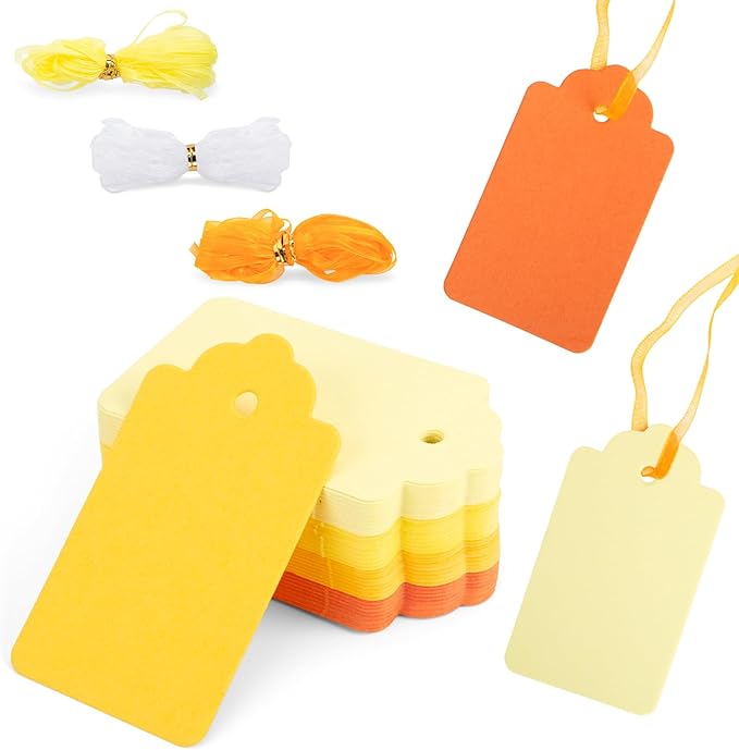SallyFashion 100PCS Gift Tags, Yellow Paper Tags Hanging Label with Organza Ribbons for Gift Wrapping Fall Thanksgiving DIY Crafts Decoration