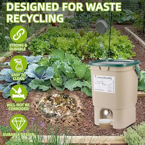 20L Bokashi Compost Bin, 5.28 Gallon Compost Bin for Kitchen Composter with Lid, Bokashi Start Kit with Bran (Tan & Dark Green) (20L/5.28GAL Tan & Dark Green) - Image 6