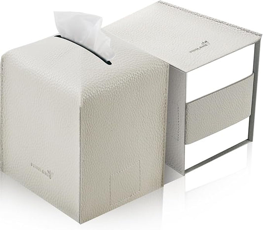 Tissue Box Cover 5X5X5'' PU Leather Tissue Holder Square Tissue Cube Box Organizer for Bathroom Vanity Countertop, Car, Night Stands, Office, Home, Kitchen (2Pack, Lime White)