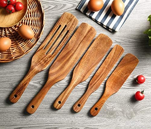 Wooden Spurtles Set with Holder, Natural Teak Kitchen Utensil Set of 6, Heat Resistant Non Stick Wood Cookware with Hanging Hole, Wood Spurtles Spatula Sets for Stirring, Mixing, Serving - Image 4