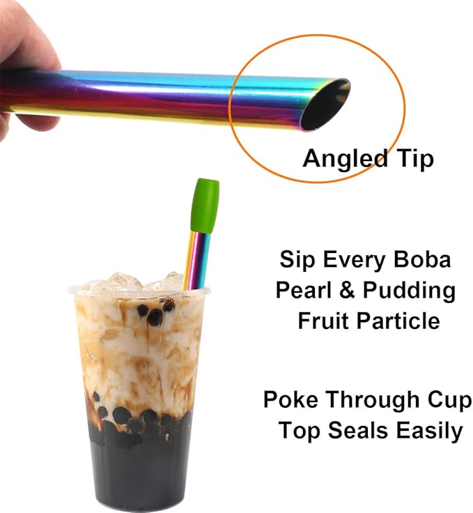Reusable Boba Smoothie Straw Rainbow Metal Straws Wide Thick Fat Angled Tip Sharp End Straw for Milkshake Jumbo Bubble Tea Straws With Carry Case Bag Silicone Tips Brush 12mm 0.5in 4 Pack