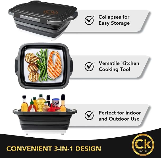 New XL Collapsible BBQ Prep Tub with LOCKING Lid, Cutting Board & Drain Hole | BPA-Free, Food-Grade, Recyclable, Space-Saving Caddy for Grilling, Camping, Kitchen & Outdoor Cooking (Black, 16 Liters)