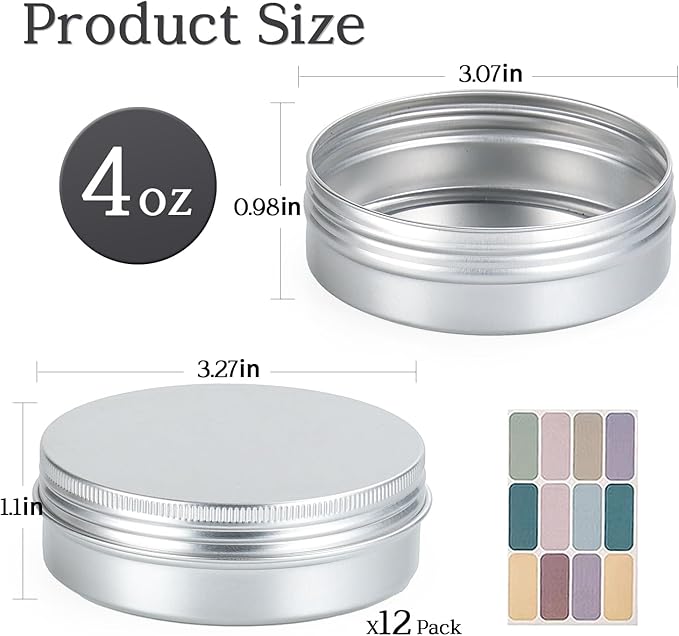 12 Pack 4 oz Tins with Lids, Round Salve Tins 4oz Tin, Wide Mouth Aluminum Tin with Lids 4oz Metal Containers Salve Containers for Spices,Candles or Salve(Silver)