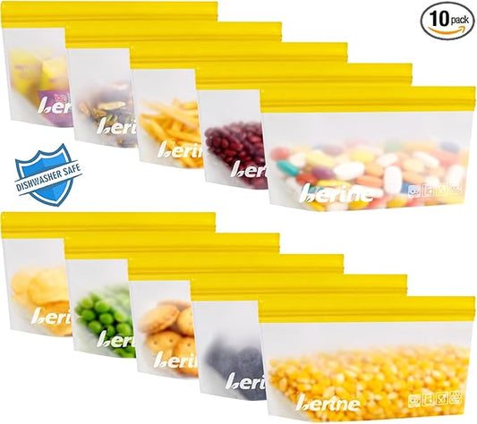 Lerine 10 Pack Stand-Up Reusable Snack Bags, Dishwasher Safe Leakproof Reusable Freezer Bags, BPA Free Food Storage Bags for Snacks, Meal Prep, Home Organization (Yellow)