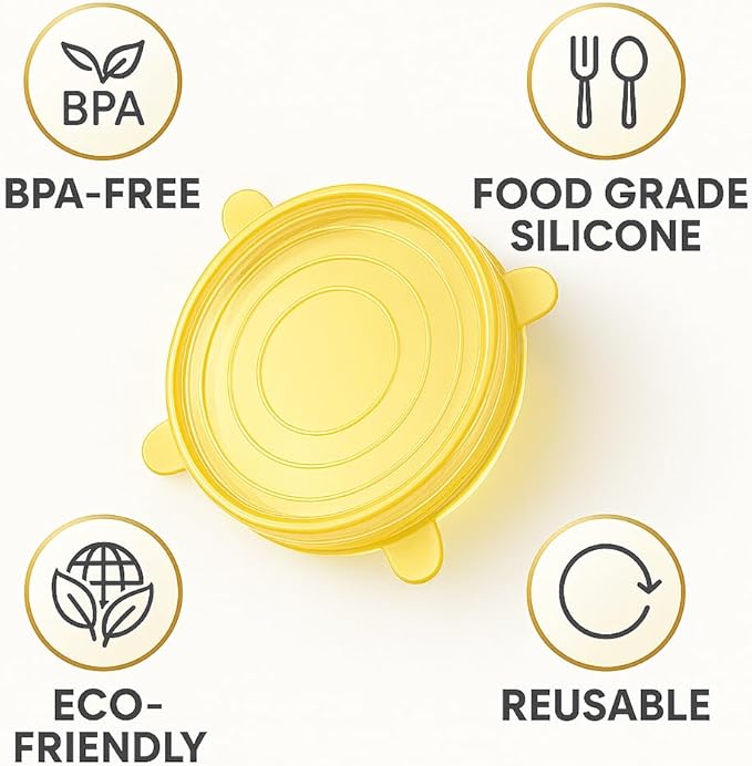 Reusable Silicone Stretch Lids | 6 Pack Food Storage Covers for Bowls, Containers & Cups | Airtight, Leakproof, BPA-Free, Microwave & Freezer Safe | Flexible Reusable Food Savers Yellow