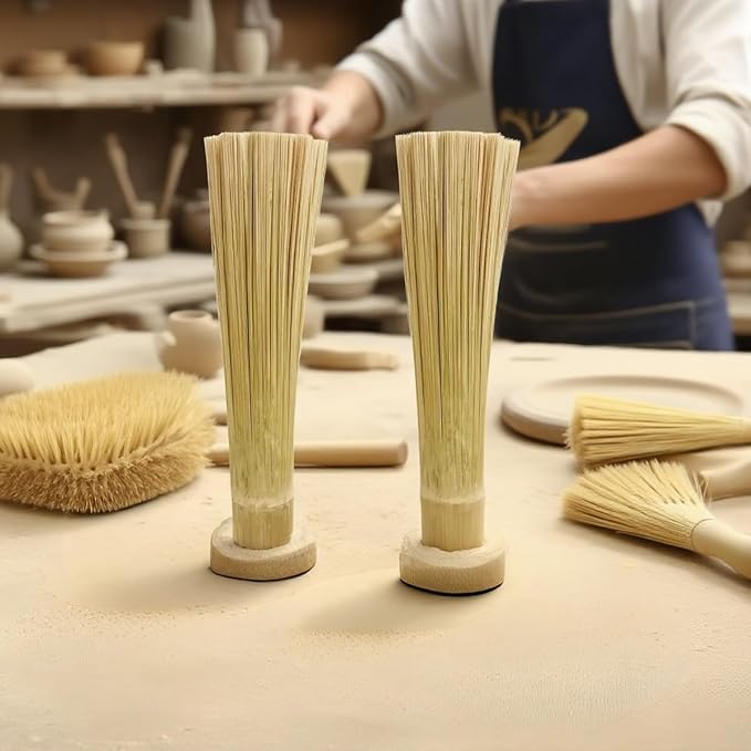 2-Pack Natural Bamboo Cleaning Brush Set Heavy Duty Wok Scrubber for Cast Iron Pans, BBQ Grills & Pots Stubborn Stain Remover, Kitchen Scrub Brush