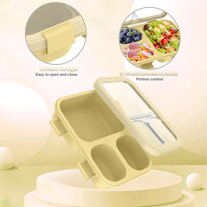 2 Pack Bento Lunch Box,Bento Box for Adults,29oz with 3 Compartments lunch box, for Trvael (Green & yellow)