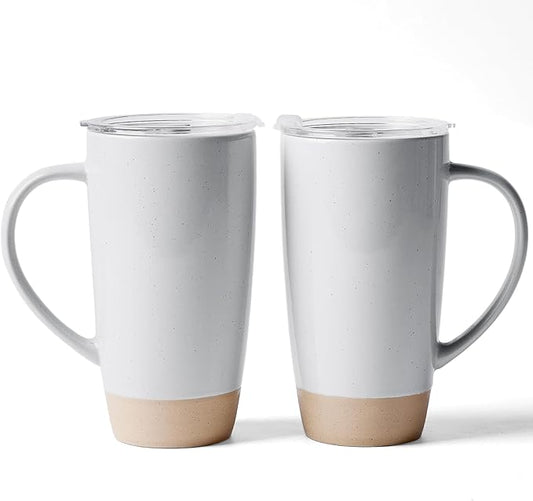famiware Milkyway Coffee Mugs, 20oz Large Coffee Mug, Ceramic Mug Set of 2 with Lid, Cup Set with Handle for Latte, Tea, Cocoa, Milk, Home & Office, Light Gray