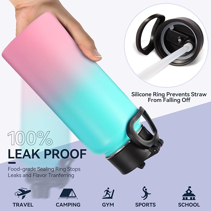 Neihepal 32 oz Insulated Water Bottles Bulk with 2 Lids (Straw & Spout Lid), Stainless Steel Double Wall Water Bottle, Keeps Cold 24H & Hot 12H (Green Pink,4 Pack)