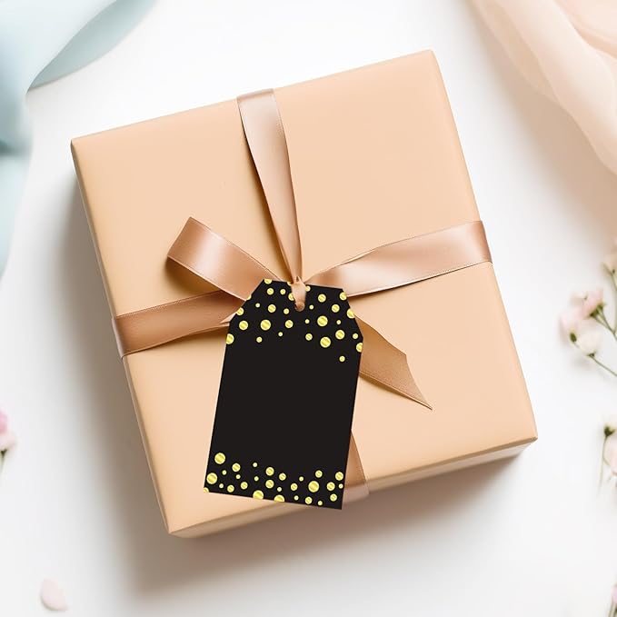 Anwyll Gift Tags with String - 100Pcs Gold Foil Metallic Confetti Polka Dot Gift Bag Tags Personalized Black Blank Hang Paper Label Tag for Birthday Party Bridal Shower Wedding Christmas Favor Present