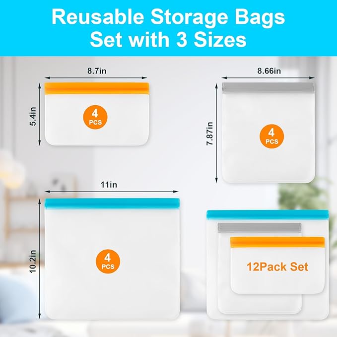 12 Pack Reusable Freezer Bags Dishwasher Safe, Leakproof Food Storage Bags, Silicone Bags for Food Storage Home Organization (4 Reusable Snack Bags 4 Sandwich Bags 4 Gallon Freezer Bags) - Thumbnail 4