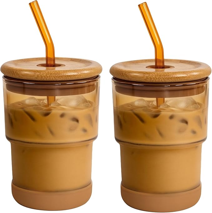 Zukro 13 oz Glass Iced Coffee Cups with Bamboo Lid and Straw for Office/Home/Work, Zero Plastic, Thick Wall Glass Water Tumbler With Silicone Bottom, Matcha Glasses, ECO Friendly, Amber 2 Pack