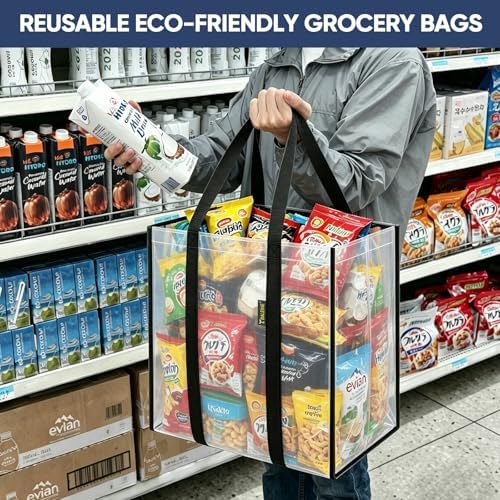 BALEINE 4 PK Grocery Bags Reusable Shopping Bags with Reinforced Bottom, Heavy Duty Foldable Tote Bags (Transparent) - Image 6