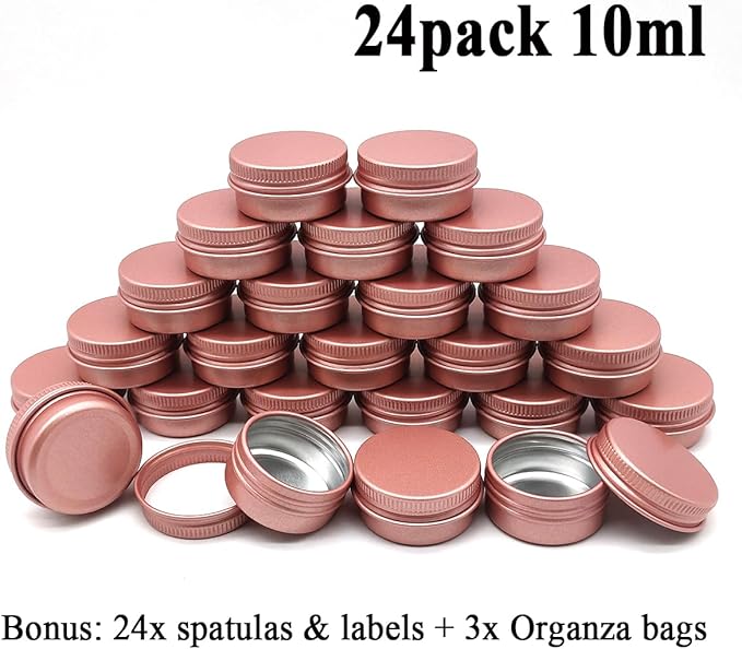 10ml Aluminum Tin Jar, 1/3 oz Makeup Container, 10g Cans Screw up Lid Small Round Container Bottle for Cosmetics, Lip Balm Scrub Cream Toner Candle Tea Beads, 24 Pack Travel Tins, Matte-Pink