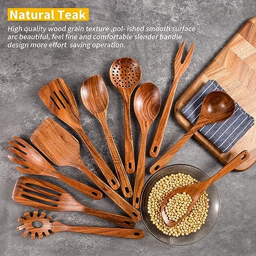 GUDAMAYE 11 PCE Wooden Spoons for Cooking, Wooden Kitchen Utensils Set,Wooden Cooking Utensils,Natural Teak Wooden Spoons For Non-stick Pan - Image 5