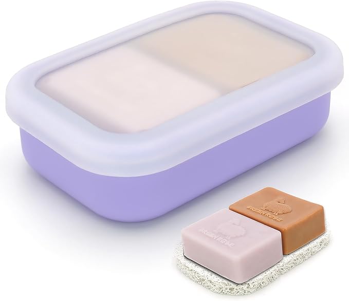 Enhanced Leakproof Silicone Travel Shampoo bar Holder, Shampoo and Conditioner Bar Container, Soap Box for Handmade Soap, Shatterproof Soap Holder for Save Soap (Clear&Violet)