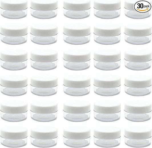 30 Pcs Sample Containers, 10 Gram Mini Sample Jars for Cosmetic, Eye shadow, White Lid