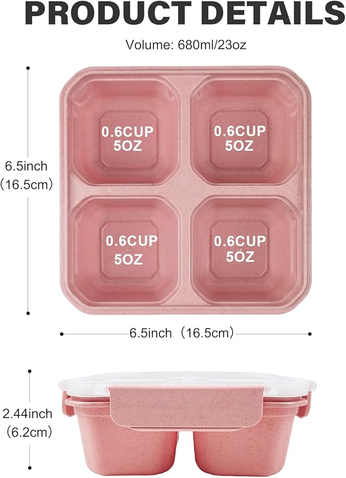 greenandlife 4 Pack Bento Lunch Box Set for Kids Adults, 4 Compartment Reusable Wheat Straw Meal Prep Food Storage Snack Containers, Stackable Snack box, Microwave and Dishwasher Safe, INS