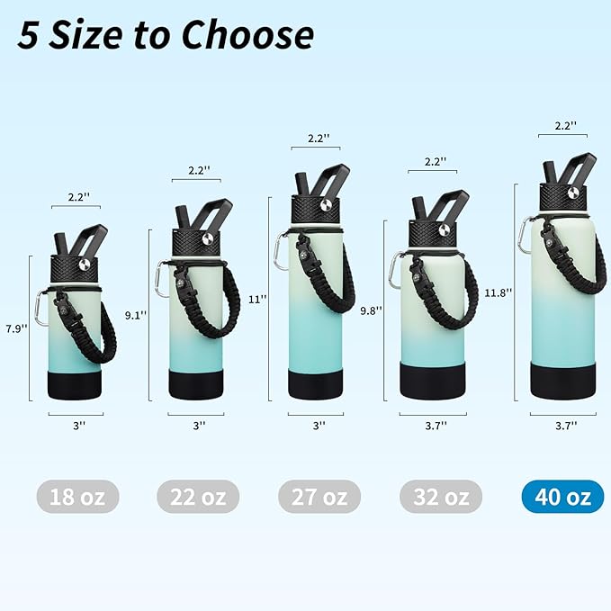 BJPKPK Insulated Water Bottle with Straw Lid, 40oz Large Thermal Flasks with 3 Lids, Paracord Handle & Non-slip Boot, BPA Free Leak Proof Stainless Steel Metal Water Bottles, Tumblers, Cups,Mint