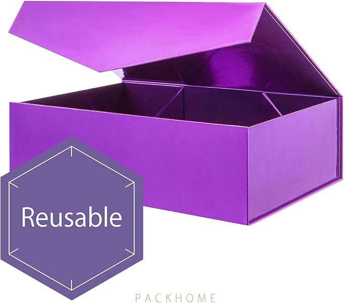 PACKHOME Large Gift Box with Lid 13.5x9x4.1 Inches, Sturdy Collapsible Gift Box with Magnetic Closure (Glossy Purple)