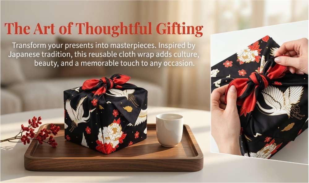 OISUIEY Furoshiki Japanese Wrapping Cloth, Large Size 27.6x27.6 Inch 70cm Reusable Gift Wrap, Eco-Friendly Fabric for Bento Bag, Wine Bottle, Table Decor Washable & Wrinkle Resistant (Crane) - Image 5